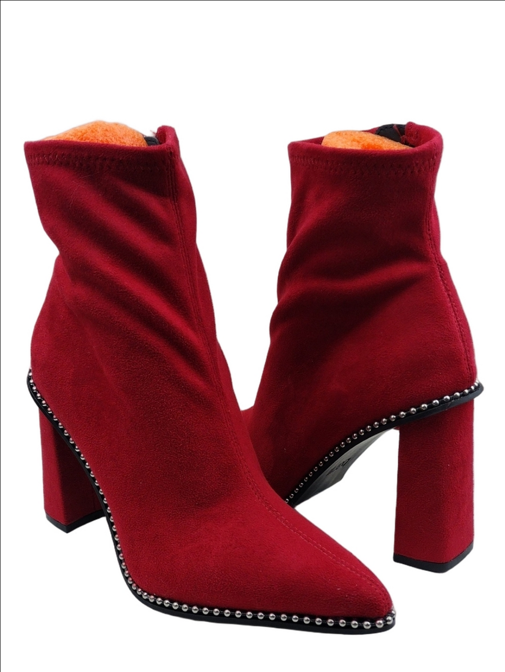 Bar III Layneff Red Suede Silver Studded Point Toe Side Zip High Heel Short Boot